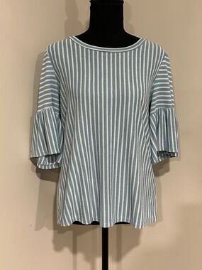 *W5* Blue x White Vertical Striped Ruffle Bell Sleeve Tee Top Size Large